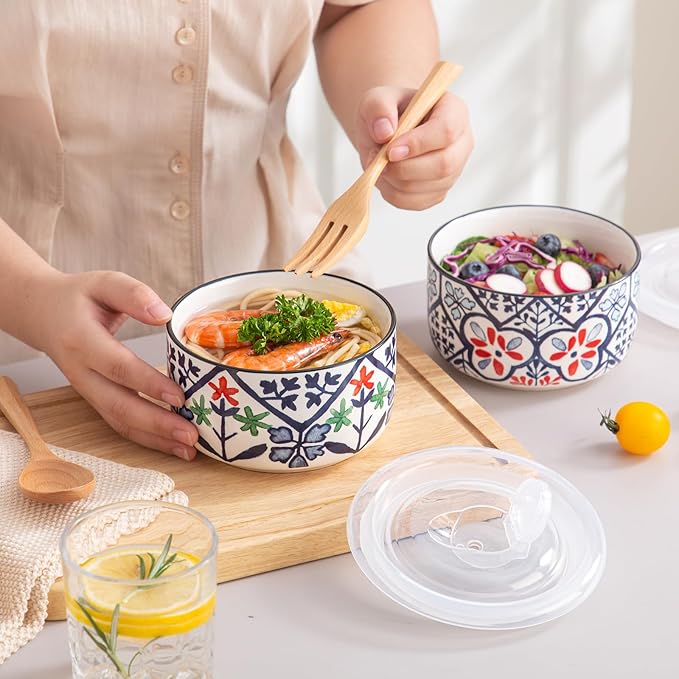 Ceramic Bowls Set with Lids: Set of 4 Microwave Safe Bowls for Soup Meal Prep Cereal Salad Fruit - Food Storage Containers with Lids for Work Lunch Pinic Camping - Pattern A2