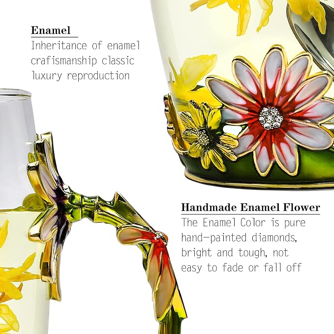 Glass Fancy Tea Cup Set Birthday Christmas Valentine's Day Gift Idea for Tea Lover and Women Novelty Coffee Mugs Rose Flower Enamel Glass Mug with Spoon Set