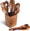 Wooden Spoons for Cooking, 11 Pcs Wood Cooking Utensils Set with Holder, Natural Acacia Wooden Kitchen Tools, Nonstick Cookware, Easy Clean, Kitchen Utensil Set for Mom, Wife Cooking Gifts