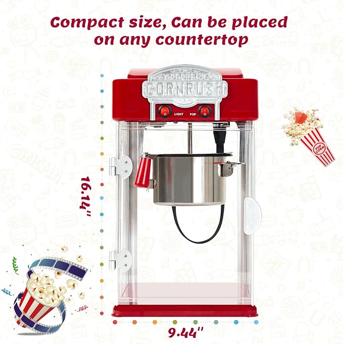 Popcorn Popper Machine-4 OZ Vintage Professional Popcorn Maker Theater Style with Nonstick Kettle Warming Light and Serving Scoop. (Red)