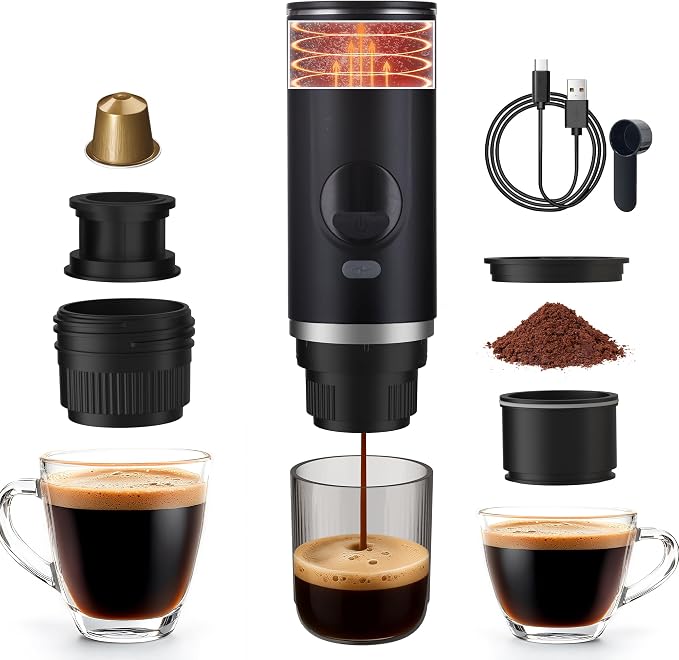 Portable Travel Espresso Maker, 20-Bar Camping Espresso Coffee Machine for Travel Car, Electric Self-Heating with USB Battery Operated,Rechargable,Ground Coffee& Capsule Compatible,80 ml Cup,Black
