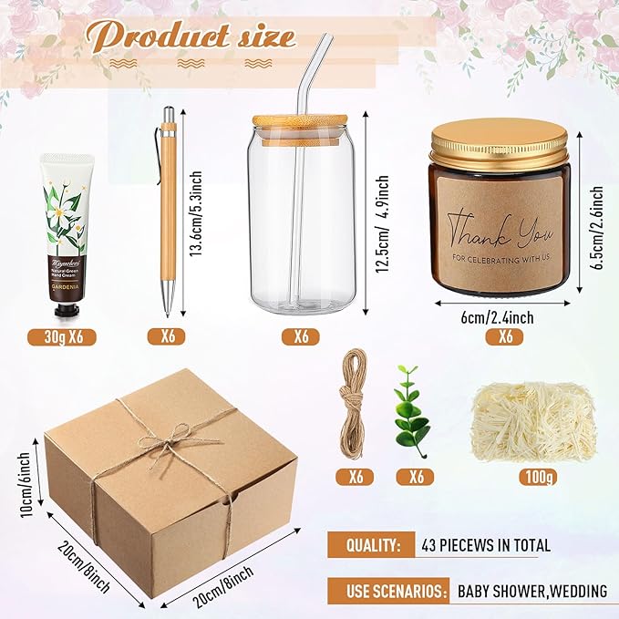 Reallnaive 6 Sets Baby Shower Prizes for Game Winners, Baby Shower Favors Including Glass Cup Scented Candles Hand Cream Pens Gift Box with Raffia for Gender Reveal Wedding Bridal Party Prizes(Khaki)