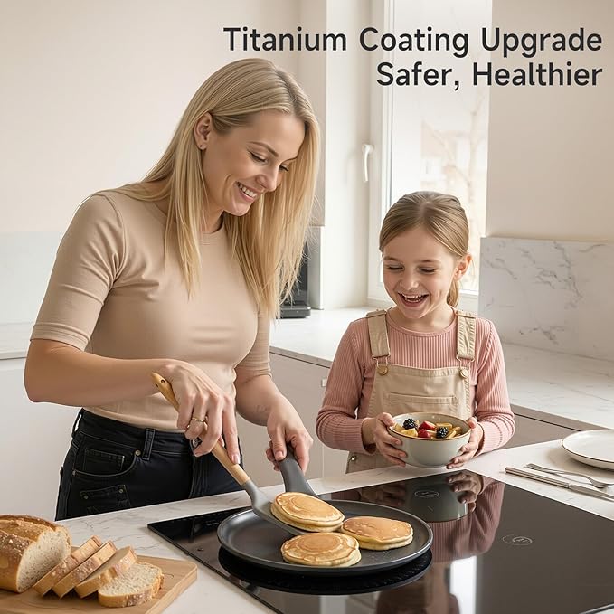 JEETEE Nonstick Crepe Pan, 9.5 Inch Titanium Pancake Pan, Healthy Non-Toxic Flat Tawa Dosa Tortilla Pan for All Stovetops including Induction, PTFE & PFOA Free