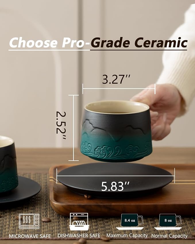 8 oz Cappuccino Cups Set of 2, Embossment Ceramic Coffee Cups with Saucers Set for Latte Art, Artistic Stoneware Cups for Cafe Au Lait, Black Tea, Coffee Lovers GiftsGradient Green