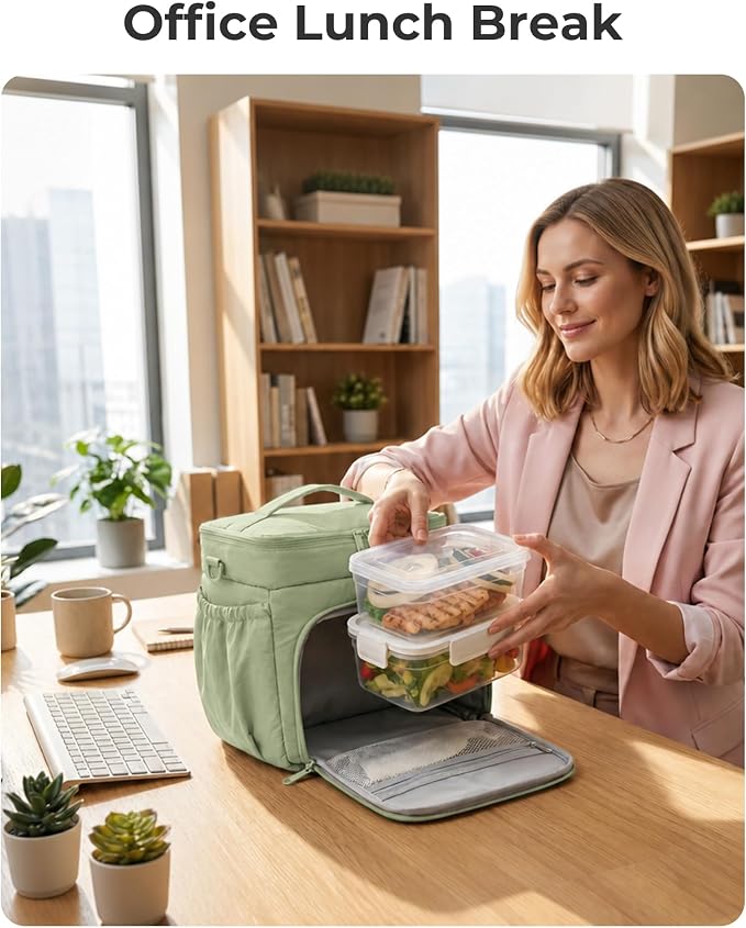 BAGSMART Puffy Insulated Lunch Bag, Lightweight Large 14L Double Deck Lunch Box for Women, Soft Cooler Tote for Office Work Travel Camping with Stretch Side Pockets Fits 40 oz Bottle, Sage Green