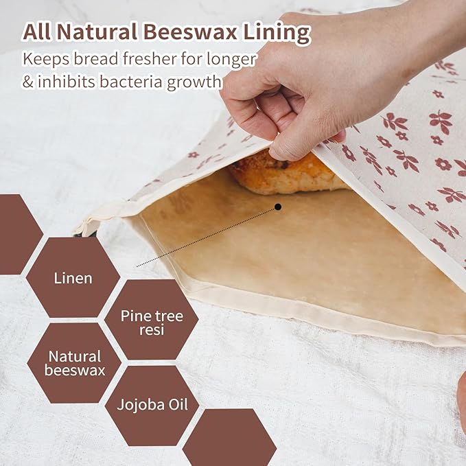 Saicefe 2 Pack Reusable Beeswax Bread Bags for Sourdough & Homemade Bread, Linen Waxed Bags Keeps Fresh Longer XL Food Storage Bags with Beeswax Lining, Freezer Safe, Baking Supplies for Sourdough