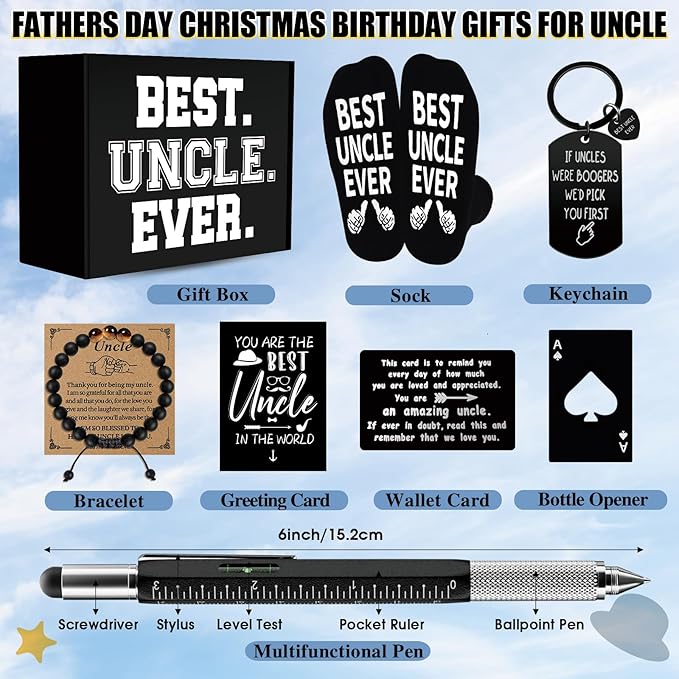 11 Pcs Best Uncle Ever Gift, Father's Day Gifts, Uncle Gifts for Men with 20 Oz Tumbler Socks Baseball Cap Tape Measure Bracelet Wallet Card Keychain, Birthday Christmas Gift from Niece Nephew