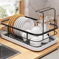 Kitchen Counter Dish Drying Rack,Stainless Steel Dishes Drainer with Utensil Holder,Space-Saving Dish Rack,Removable Plastic Drainer Tray for Dishes, Knives, Spoons (Black,Has Cup Holder)