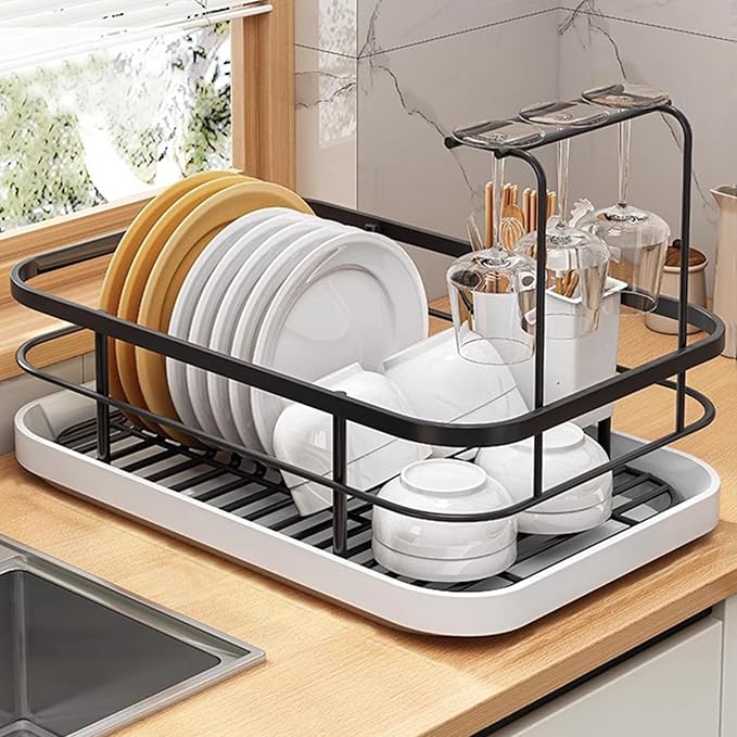 Kitchen Counter Dish Drying Rack,Stainless Steel Dishes Drainer with Utensil Holder,Space-Saving Dish Rack,Removable Plastic Drainer Tray for Dishes, Knives, Spoons (Black,Has Cup Holder)