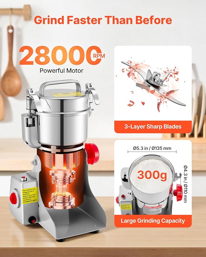 VEVOR 300g Electric Grain Mill Grinder, High Speed 1500W Commercial Spice Grinders, Stainless Steel Pulverizer Powder Machine, for Dry Grains Spices Cereals Coffee Corn Pepper, Swing Type