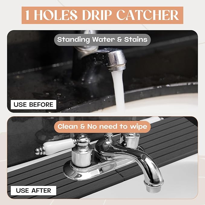 Teenyyou an Oval Hole Gray Faucet Mat for Kitchen Sink Bathroom 17.32" x 4.6" Kitchen Faucet Absorbent Mat Diatomite Splash Guard Quick Drying Stone Drip Catcher Hole 6.22 " x 2.28"