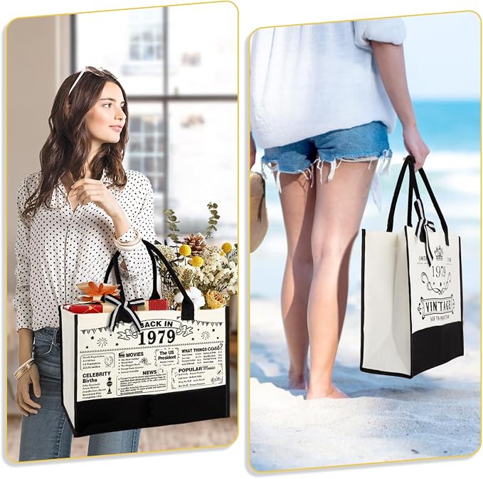 YeohJoy 47th Birthday Gifts for Women Canvas Tote Bag Travel Gear, Unique 47 Years Old Birthday Gifts for Mom Aunt Friends Wife Sister Her, Vintage 1979 Handbag & Cosmetic Bag & Back in 1979 Poster