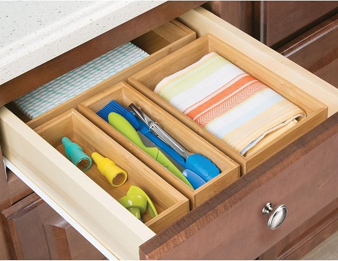 mDesign Wooden Bamboo Kitchen Drawer Organizer Box Tray, Stackable Utensil/Flatware Storage for Drawers, Cabinet - Holder Container for Silverware and Appliances, Echo Collection, 6 Pack, Natural Wood