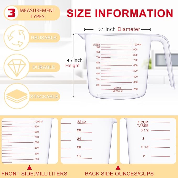 Fabbay 24 Pcs 4 Cup Capacity Plastic Measuring Cup 1000 ml Clear Graduated Measuring Cups Plastic Mug with Spout and Handles Ounce and Ml Marking for Recipe Ingredient Flour Water Liquid(Red,32 oz)