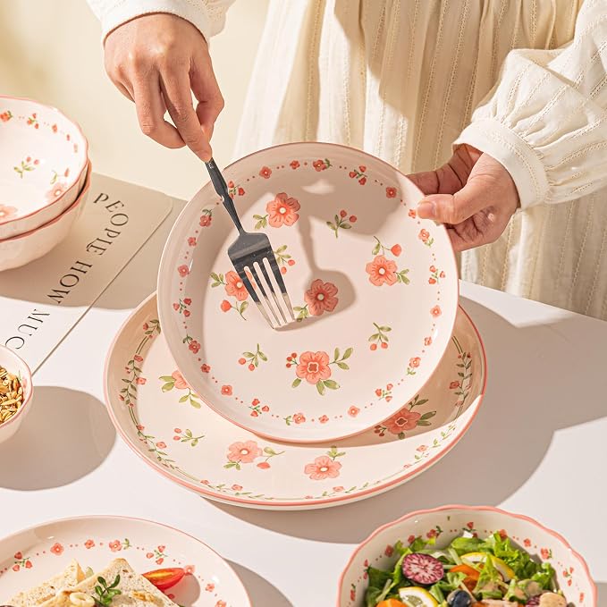 16-Piece Dinnerware Set for 4, Ceramic Plates and Bowls Sets, Microwave & Dishwasher Safe Dish Sets for Daily Use & Gifting, with Spring Peach Blossom Pattern