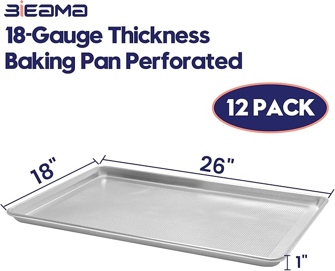 BIEAMA 12 Pack Perforated Full Size 26" x 18" Baking Sheet Pan | Aluminum Commercial Bakery Equipment Cookie Sheets, NSF Approved Baking Tray