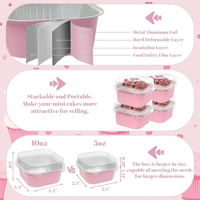 20 Pack 10oz Pink Mini Cake Pans With Lids, Aluminum Foil Square Brownie Baking Cups,Disposable 4”x4” Large Cupcake Pan,Jumbo Muffin Tin Ramekins Holders