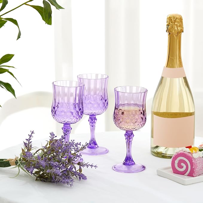 Pinkunn 6 Pcs 7 oz Plastic Vintage Wine Glasses Reusable Colored Goblets Patterned Drinking Water Glasses Cup Dishwasher Safe for Mother's Day Wedding Reception Party Supplies (Purple)