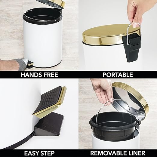 mDesign Pedal Bin — Metal Waste Bin with Pedal, Lid and Plastic Bucket Insert — Perfect for Bathroom, Kitchen, and Office — Household Rubbish Bin with Ergonomic Design — White/Gold