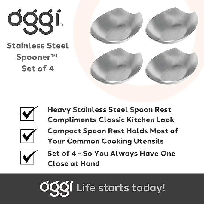 OGGI Spooner Stainless Steel Spoon Rest - Set of 4 - Holds Kitchen Utensils for Mess Free Cooking, Great Spoon Rest for Counter, Stove Top, or Coffee Station; Kitchen Accessories, Utensil Rest