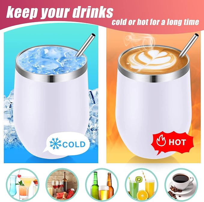 Remagr 6 Pack Stainless Steel Wine Tumblers 12 oz Insulated Vacuum Wine Cup Set Double Wall Stainless Steel Stemless Mug Glasses for Coffee Soda Whiskey Outdoor Travel (White)