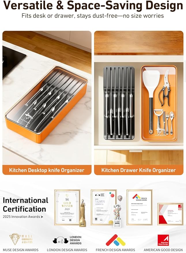 MAD SHARK 2-in-1 Detachable Knife Block & Silverware Organizer, Drawer Knife Holder for 7 Knives, BPA-Free, Blade-Safe Slots, Save Counter Space, Kitchen Drawer or Counter Storage, No Knives