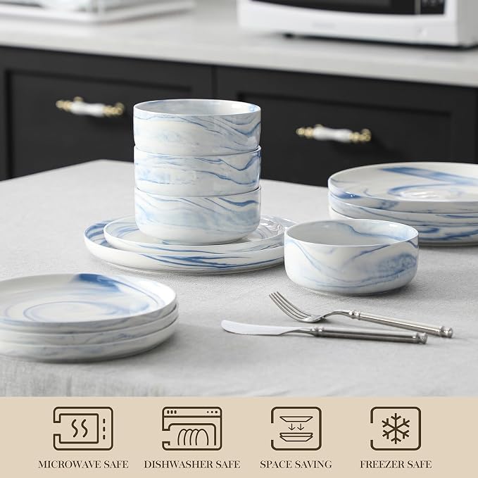 MALACASA Plates and Bowls Sets, 12 Pieces Porcelain Dinnerware Sets Dishware Sets Chip Resistant Ceramic Dish Set Dining Dinner Ware Service for 4, Marble Blue, Series LUNA