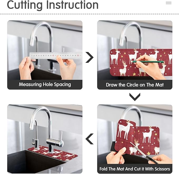 Kitchen Sink Splash Guard 1 PC 30 Inch Sink Faucet Mat Splash Guard for Bathroom Countertop Water Absorbent Foldable Cuttable Soft Washable Red Christmas Reindeer Star Dots