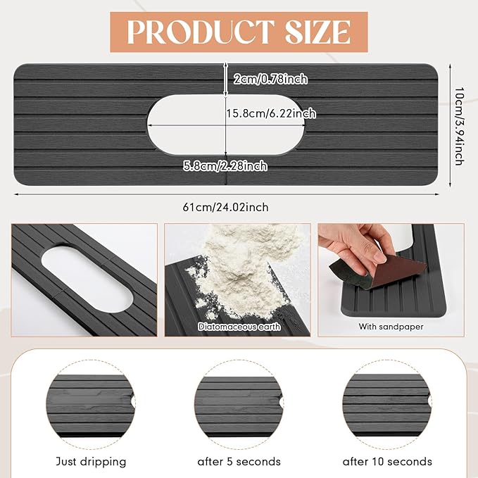 Funnymoom Stone Faucet Mat Sink Splash Guard, 24" Diatomite Quick Drying Stone Faucet Mat, Super Absorbent, Kitchen Sink Oval and Round Splash Tap Pad for Bathroom Counter & Kitchen(Grey)