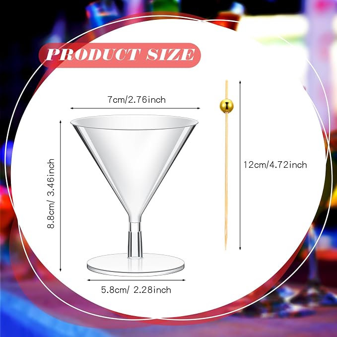 Irenare 100 Pcs 2 oz Plastic Martini Glasses and Cocktail Picks Set Disposable Clear Cocktail Dessert Glasses Unbreakable Mini Cups for Wedding Party Wine Appetizers Food