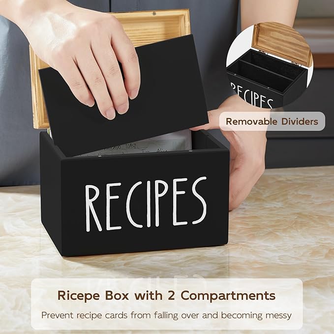 Coffee Filter Holder, Wood Filter Storage Container for Counter&Recipe Box, Wood Recipe Card Box Set, Recipe Box with 100 Cards and 6 Dividers