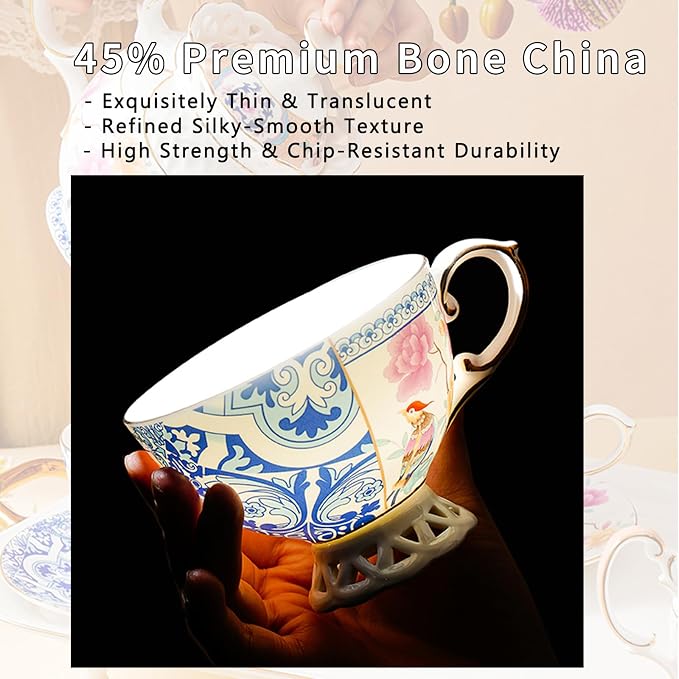 Bone China Cup & Saucer Set, Ceramic Coffee Cup with Gold Trim, Porcelain Floral Tea Cup with Saucer & Spoon, Food Grade Coffee Mug for Women, Tea Party, Gifts Giving, 6.8 oz