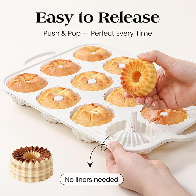 Vinino 3 Inch Silicone Mini Fluted Tube Cake Pan with Metal Reinforced Frame, 4 Different Shapes, 12-Cavity Mini Flan Mold, Nonstick Baking Pan for Mini Donuts, Jello, Pudding, Brownies, 2 Pack
