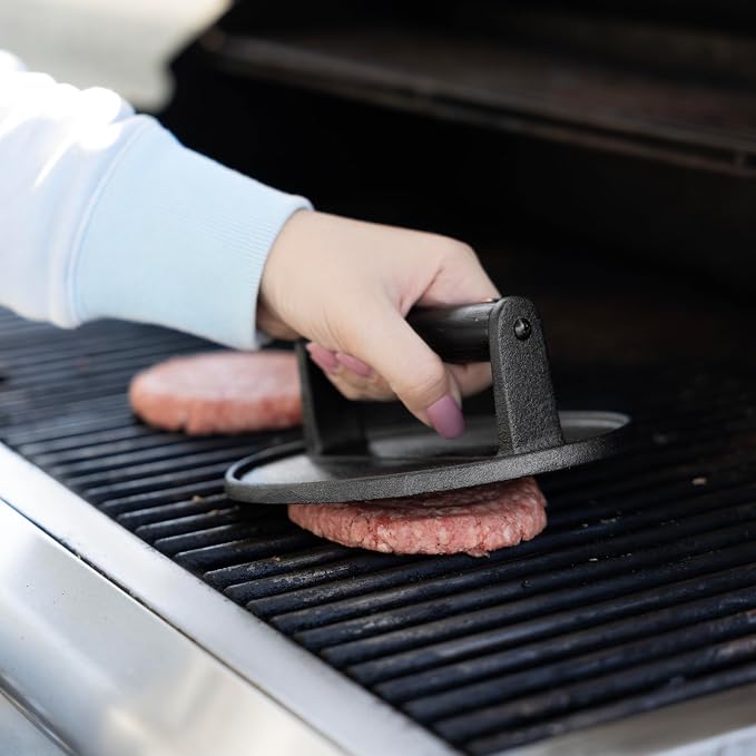 Outset Smash Burger Press Kit, Includes Cast Iron Press, Patty Paper, Spatula and Seasoning Shaker