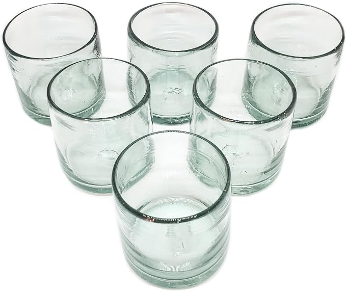 Clear Blown 8 oz DOF Rocks Glasses (set of 6) - Hand Blown Mexican Glassware Recycled Glass Drinking Glasses for Water, Juice, Margarita, Cocktails & Whiskey, Toxin Free