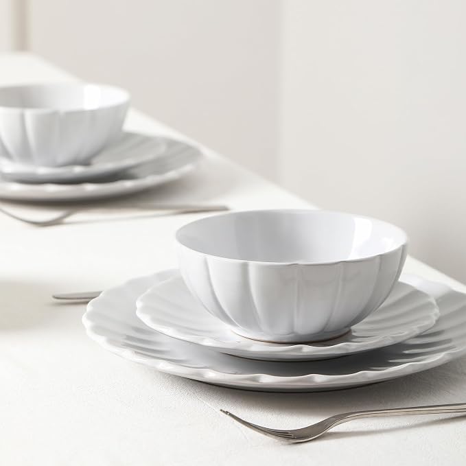 Earth & Clay Phoenix 12-Piece Stoneware Dinnerware Set, Plates and Bowls Set, Dishwasher and Microwave Safe, Dish Set for 4, White