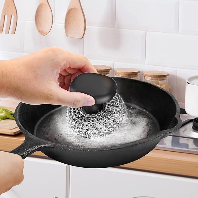 Cast Iron Scrubber | Dish Scrub Brush | 316 Cast Iron Cleaner Chainmail Scrubber Circle + Square 2PCS Black