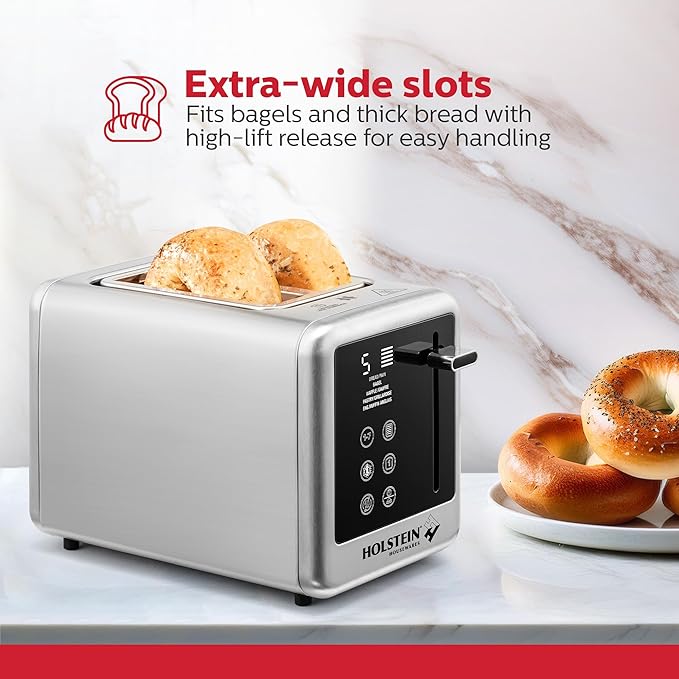 Holstein Housewares 2-Slice Digital Toaster – Extra-Wide Slots, LED Display, Countdown Timer, Reheat, Defrost, Cancel & High-Lift Release – Compact Toaster with Removable Crumb Tray, Silver & Black