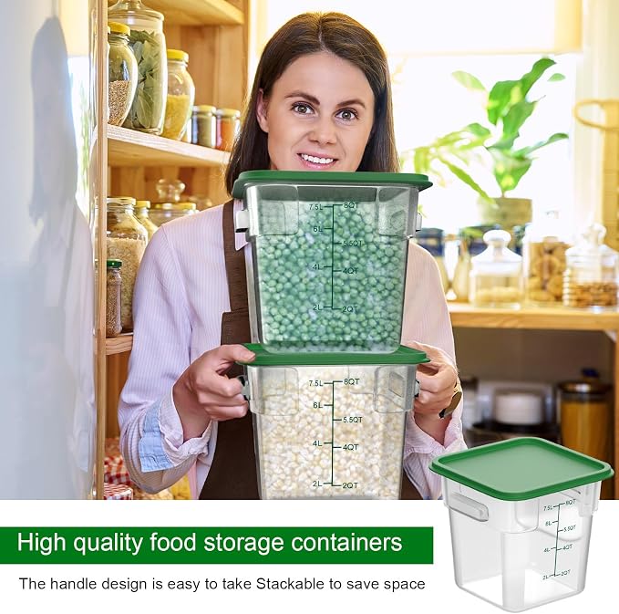 FoldTier 2 Pieces Square Food Storage Containers Polycarbonate Clear Food Container with Lid Commercial Food Storage with Graduations for Commercial Kitchen Dough Marinating Meat(Green, 8 Qt)