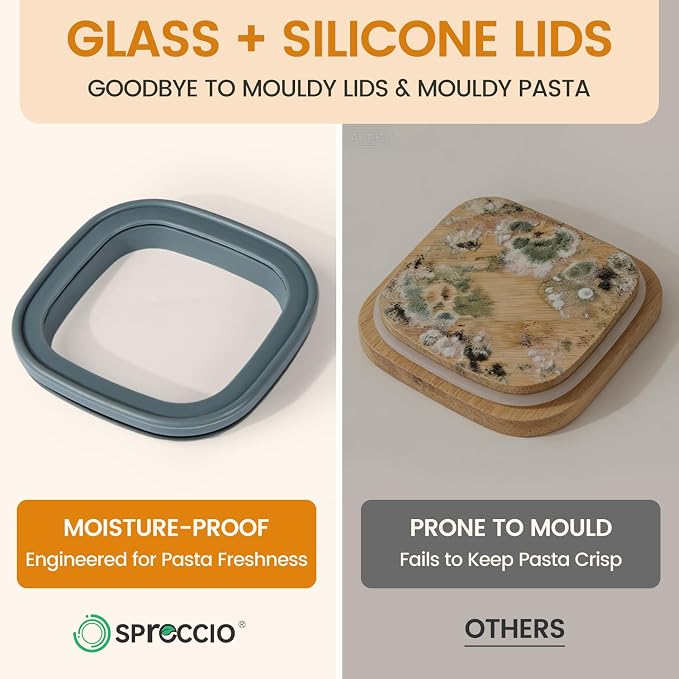 Square Glass Food Storage Jars with Lids Set of 5, Perfect for Pasta, Cookies, Nuts, Coffee, Cereal, Flour,Organize Your Kitchen with these BPA-Free Glass Jars with Silicone Lids
