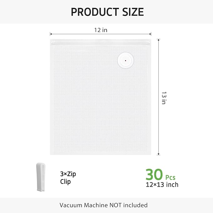 Syntus 30 Reusable Vacuum Sealer Bags for Food, Large 12" x 13" Food Storage Zipper Bags with Air Valve BPA-free Leakproof Keep Food Freshness, Compatible with Compact Vacuum Sealers