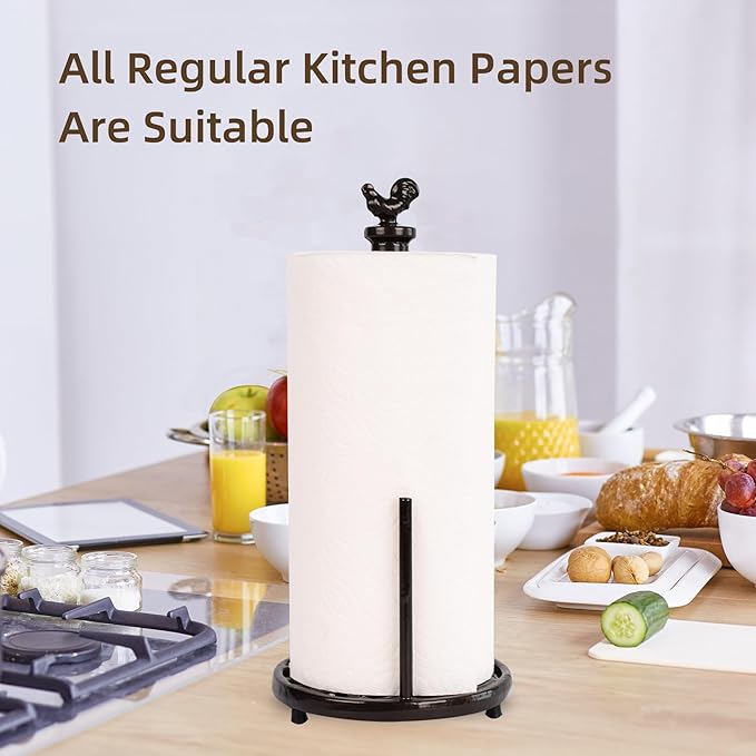 Cast Iron Rooster Paper Towel Holder for Kitchen Countertop - Vintage Coffee Gold Farmhouse Decor, Heavy Weighted Base Standing Dispenser for Easy One-Handed Tear, Fits Jumbo Rolls
