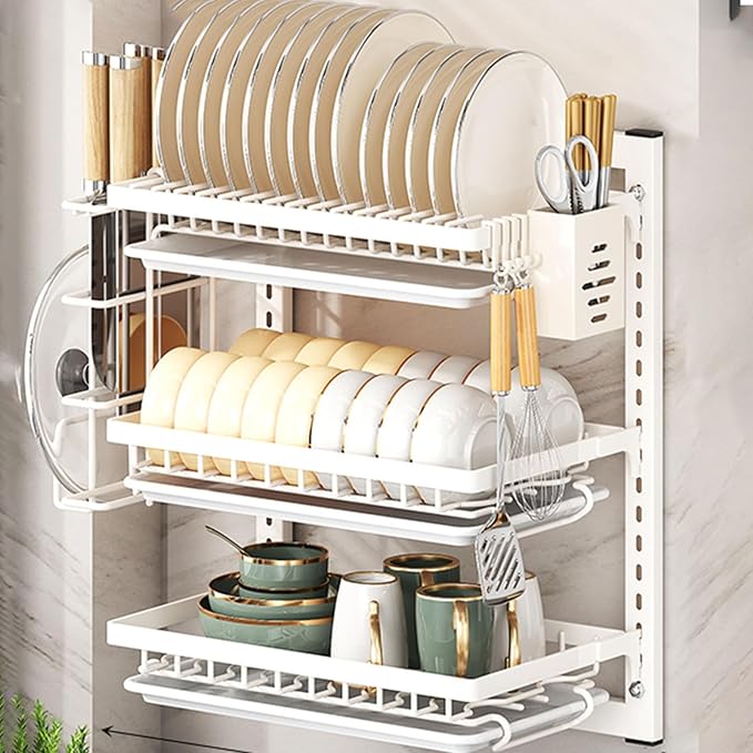 Wall Mounted Dish Drying Rack,Large Dish Drainer Drying Rack for Kitchen Counter,Multi-Level Kitchen Organizer with Drainboard Double-Layer Model(White,3 Tier 38cm)