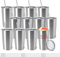 YOUKE OLA 12 Pack Insulated Coffee Tumbler Stainless Steel Double Wall Vacuum Travel Tumbler Cup with Lid and Straw for DIY Gift, Silver 20oz
