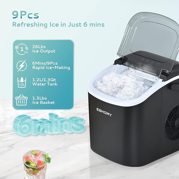 EUHOMY Countertop Ice Maker - with Handle, 26lbs in 24Hrs, 9 Ice Cubes Ready & Rubbermaid Ice Bin 12.1" x 5.5" x 6.12"