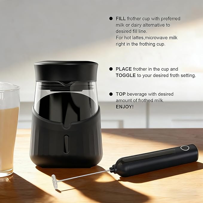 Black Handheld Milk Frother Wand for Coffee, Rechargeable Electric Whisk, Mini Milk Foamer for Latte, Cappuccino, Coffee, Hot Chocolate, Matcha