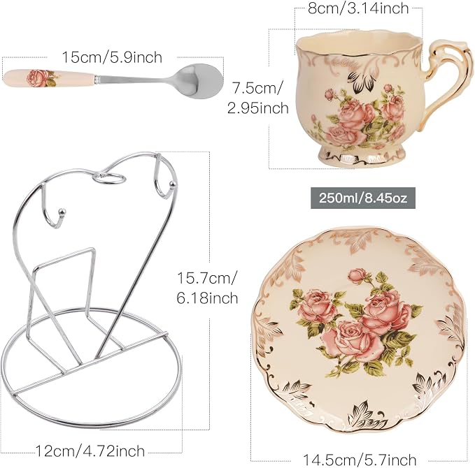 YOLIFE Tea Cup and Saucer Set of 2, 8 oz Vintage Ivory Porcelain Tea Cups Set with Stand, Teacup Saucer Set - Pink Rose with Gold Leaves