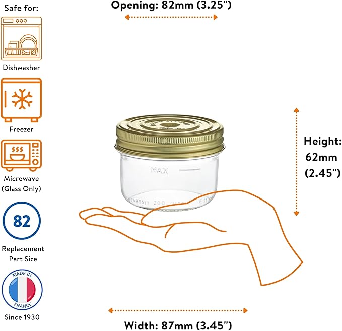 Le Parfait Familia Wiss 7oz (200ml) Wide Mouth Glass Canning Jars – 4PK Made in France, Airtight 2-Piece Lid, Reusable Zero Waste & Eco-Friendly for Kitchen Storage, Meal Prep & Baking