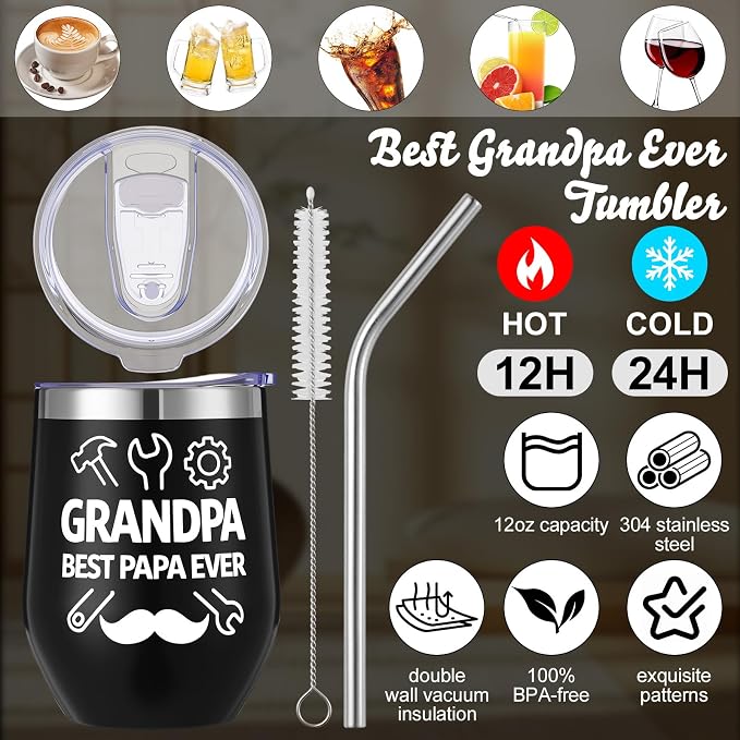 Sieral 6 Pcs Grandpa Gifts for Fathers Day, Best Grandpa Ever Gifts Set from Grandson Granddaughter - Bathrobe, 12oz Tumbler, Socks, Acrylic Plaque, Keychain, Candle and Gift Box for Father's Day