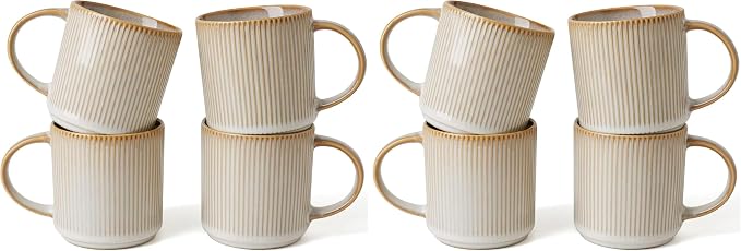 famiware Coffee Mug Set for 4, Star 12 oz Catering Mugs Cup Set with Handle for Coffee, Tea, Cocoa, Milk - Ceramic Stoneware Drinkware Set, Cappuccino White (Pack of 2)